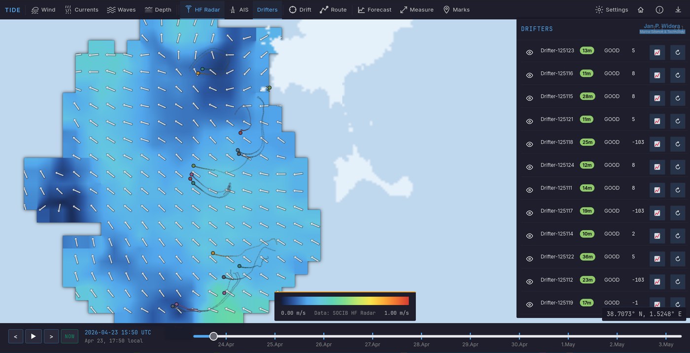 Map comparing drifter trajectories with HF radar surface currents