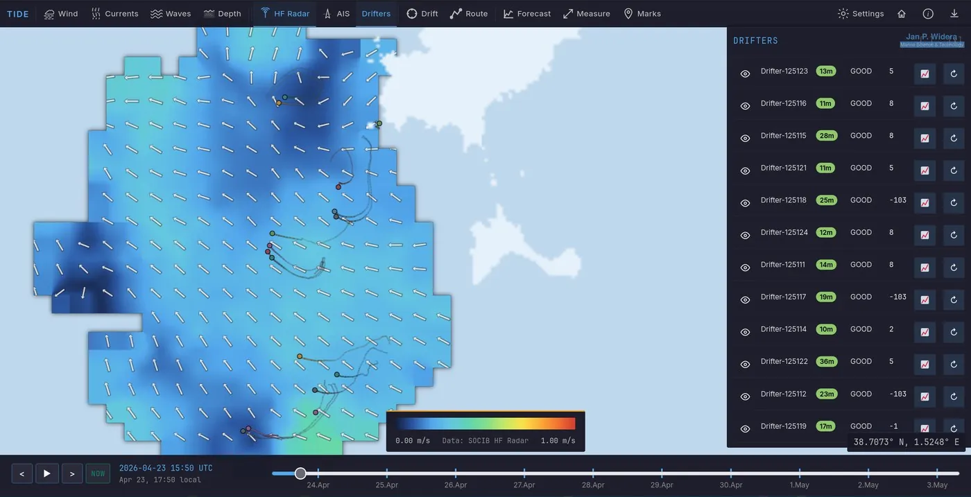 Map comparing drifter trajectories with HF radar surface currents